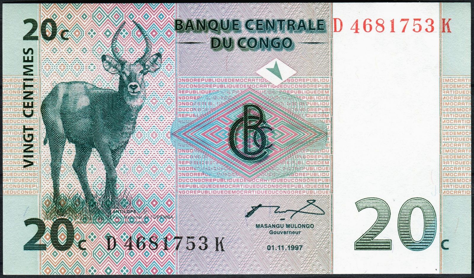 Kongo - (P 83) 20 Centimes (1997) - UNC