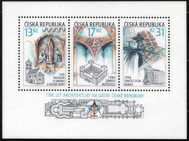 (2001) MiNr. 284 - 286 ** BL 14 - Republika Czeska - Historyczne style budynków