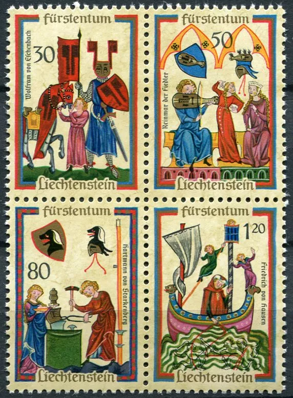 (1970) MiNr. 527 - 530 ** - Liechtenstein - Średniowieczni śpiewacy - według Codex Manesse (IV.)