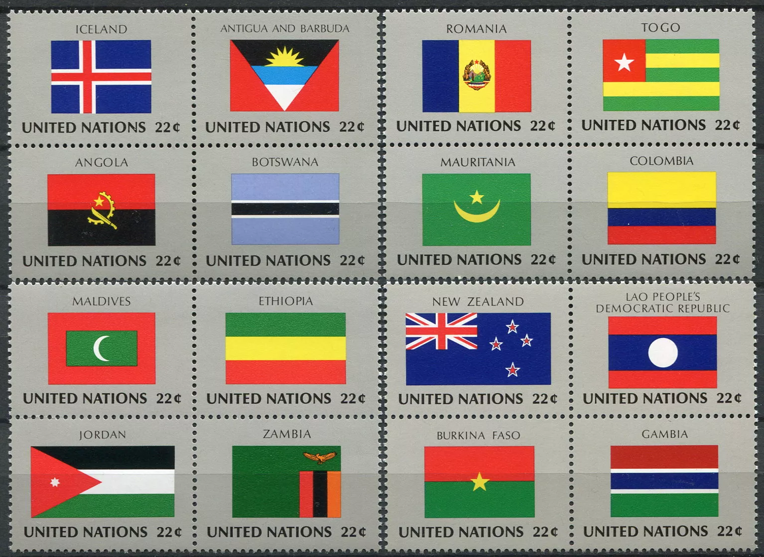 (1986) MiNr. 499 - 514 ** (4-er) - OSN New York - série Vlajky 1986