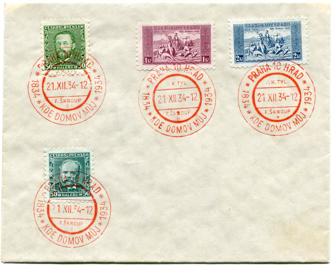 Czechosłowacja - okładka - w tym znaczek "Gdzie jest mój dom"; PRAGUE 10 Castle; J. K. Tyl, F. Škroup a,b,c,d